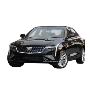 Black 2025 Cadillac CT5 displayed as part of the Cadillac CT4 Luxury fleet for limo service in Chicago.