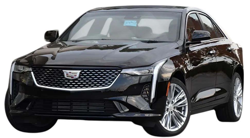 Black 2025 Cadillac CT5 displayed as part of the Cadillac CT4 Luxury fleet for limo service in Chicago.