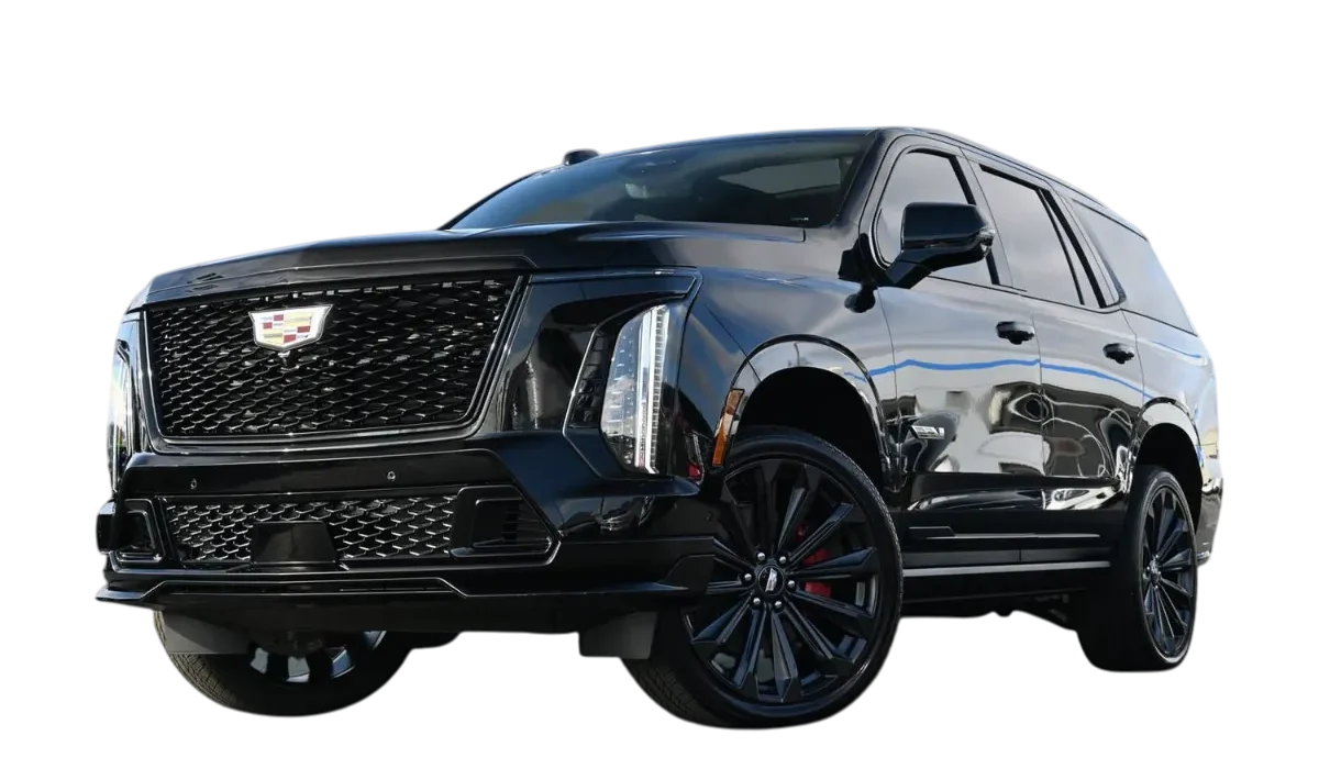 Black 2025 Cadillac Escalade SUV, perfect for luxury rentals for airport transfers, weddings, and business travel.