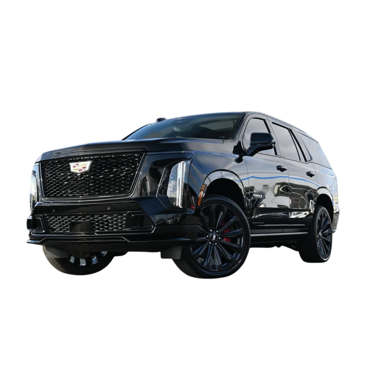Black 2025 Cadillac Escalade SUV, perfect for luxury rentals for airport transfers, weddings, and business travel.