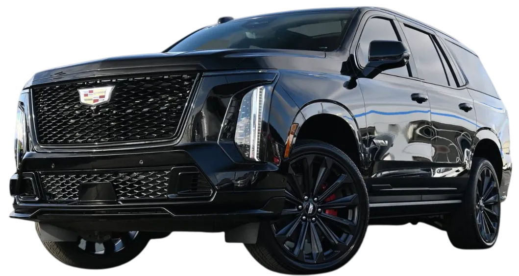 Black 2025 Cadillac Escalade SUV, perfect for luxury rentals for airport transfers, weddings, and business travel.