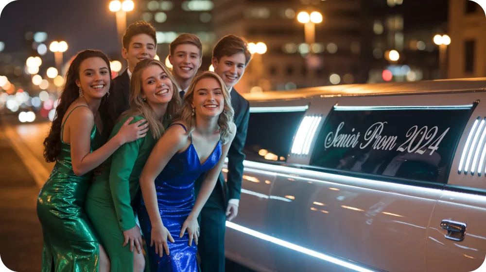 Group of teenagers in formal prom attire standing beside white stretch limousine