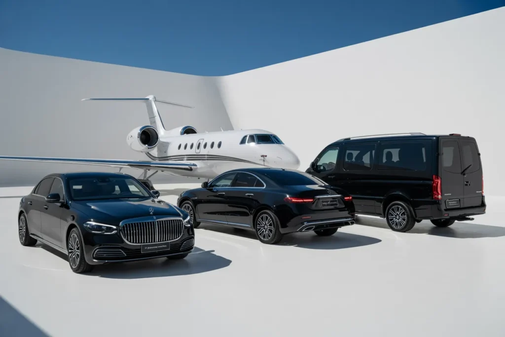 Luxury Airport Transportation jet with black sedan, SUV, and Sprinter van on white background - executive travel.