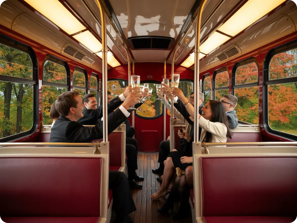 Interior luxury trolley bus Chicago - vintage wooden seating with modern amenities