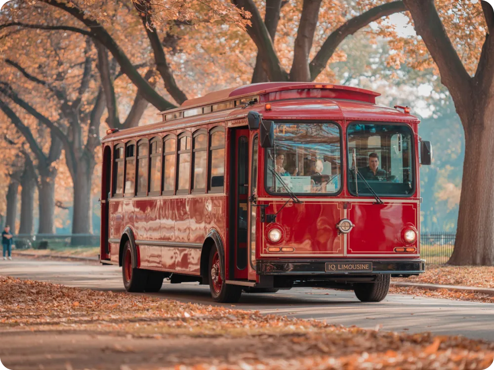 Interior luxury trolley bus Chicago - vintage wooden seating with modern amenities