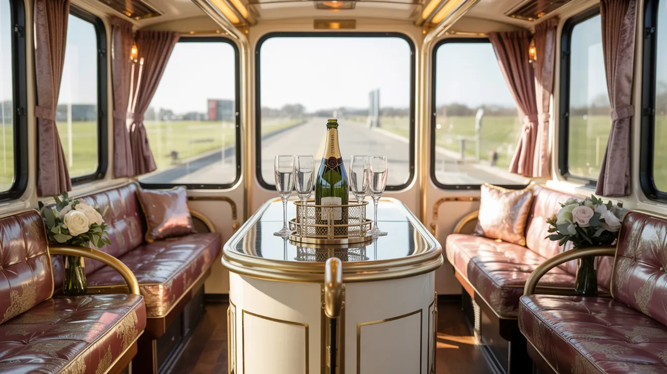 Interior luxury trolley bus Chicago - vintage wooden seating with modern amenities