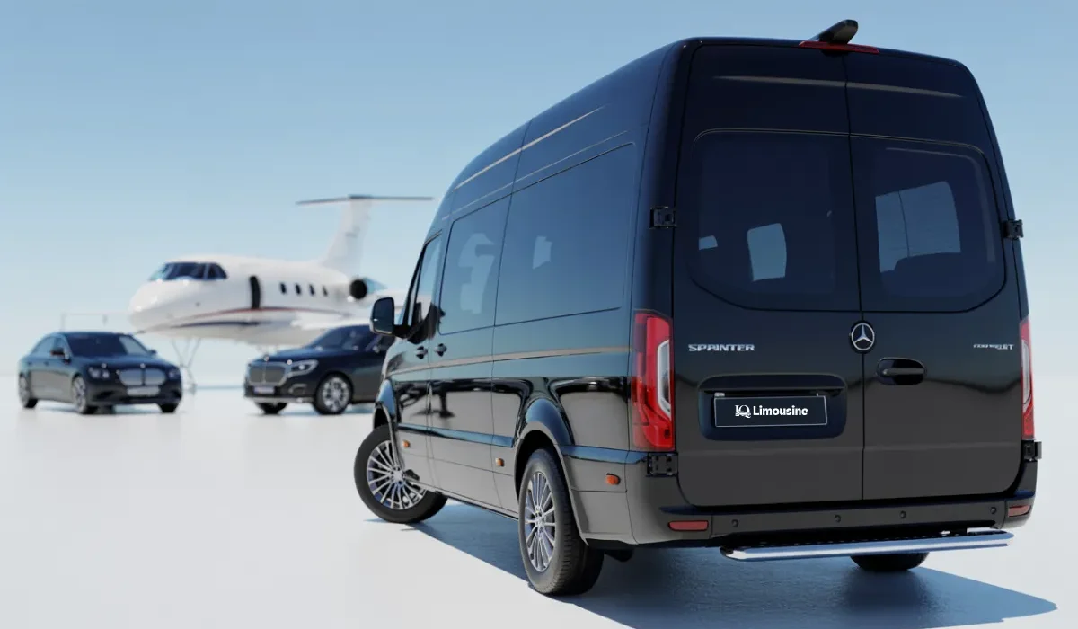 Luxury Airport Transportation jet with black sedan, SUV, and Sprinter van on white background - executive travel.