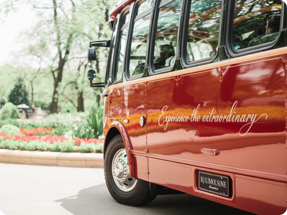 Interior luxury trolley bus Chicago - vintage wooden seating with modern amenities