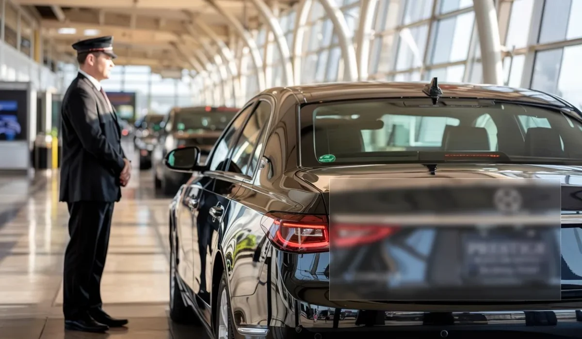 Professional black car service with uniformed chauffeur standing beside luxury sedan at Chicago O'Hare airport
