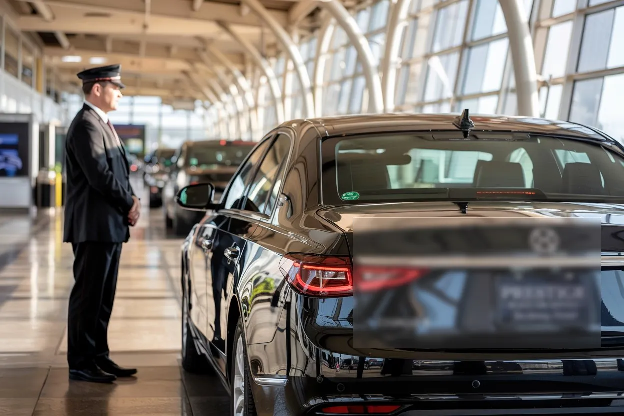Professional black car service with uniformed chauffeur standing beside luxury sedan at Chicago O'Hare airport
