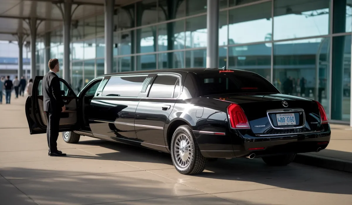 Interior of a premium airport limousine showing leather seats, ambient lighting, and refreshment center for Chicago airport transportation