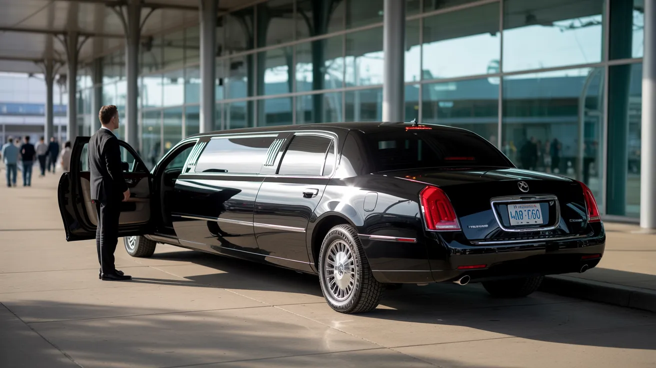 Interior of a premium airport limousine showing leather seats, ambient lighting, and refreshment center for Chicago airport transportation