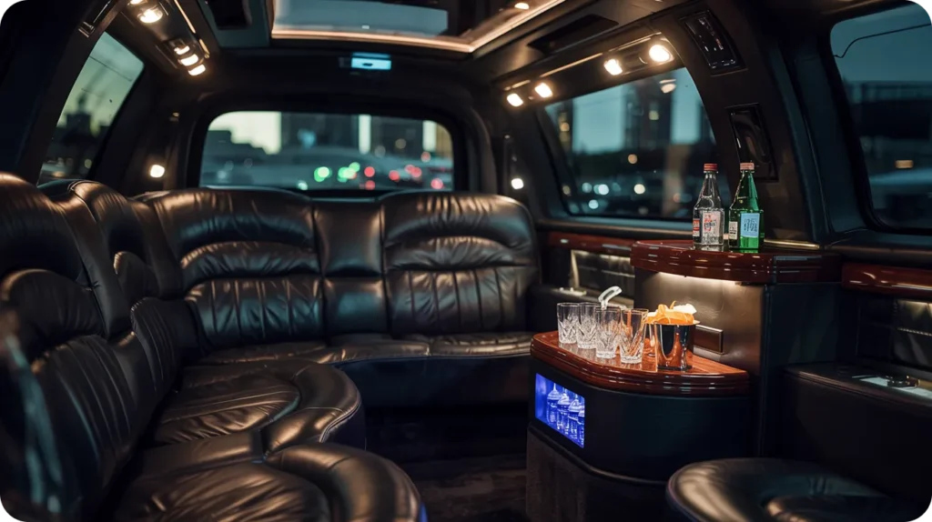 Interior of a premium airport limousine showing leather seats, ambient lighting, and refreshment center for Chicago airport Limo Service