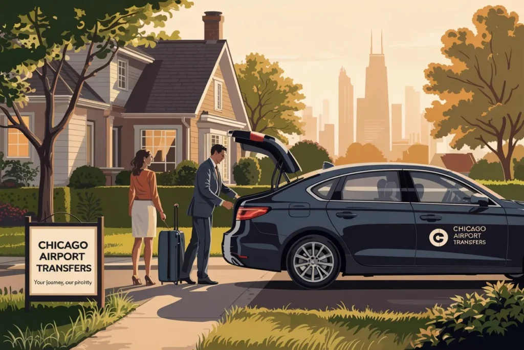 Professional chauffeur assisting passengers with luggage for suburban Chicago to O'Hare Airport transportation service