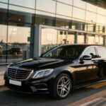 Luxury airport taxi transfers service with professional chauffeur and executive sedan at international airport terminal