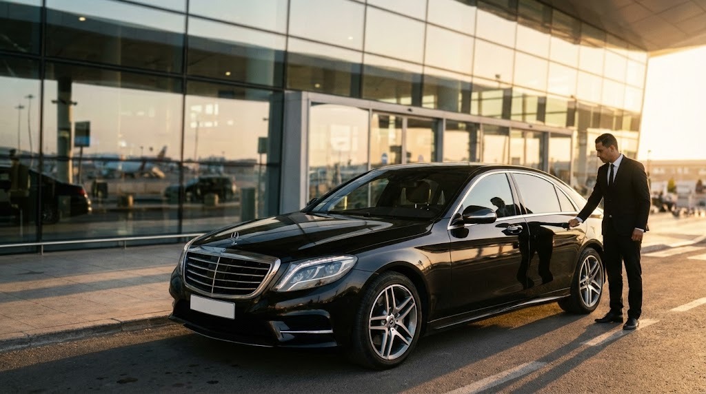 Luxury airport taxi transfers service with professional chauffeur and executive sedan at international airport terminal
