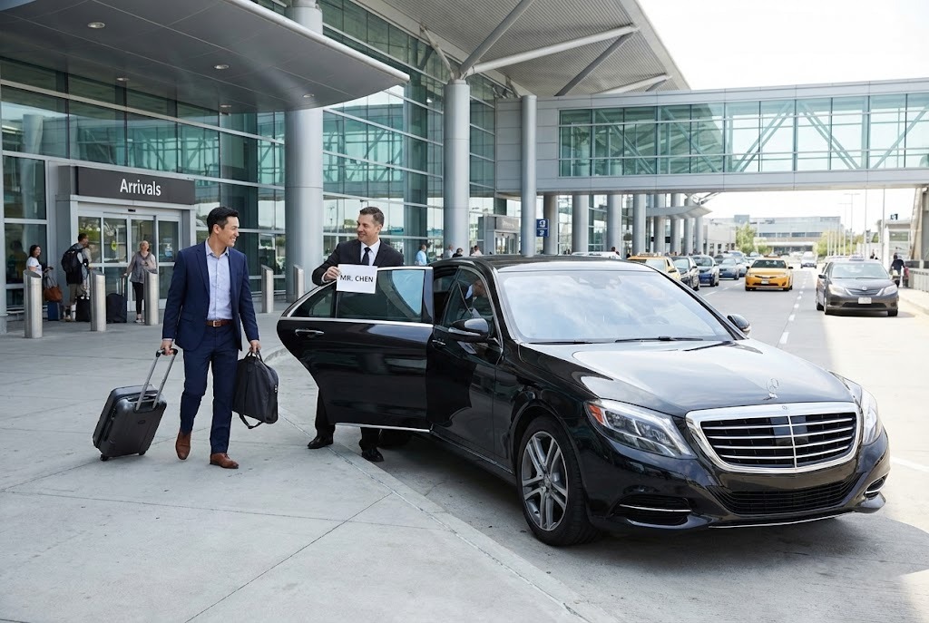 Professional airport transfer taxi pickup service at international airport arrivals terminal